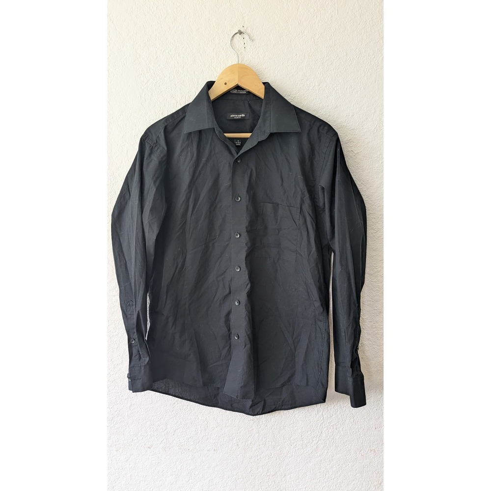 Pierre Cardin Mens Slim Fit Button Down Shirt Black Long Sleeve Size M 15-15.5